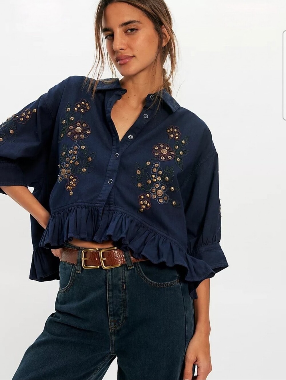 Free People We The Free Bailey Embellished Denim Shirt NWOT